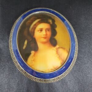 Victorian Portrait Trinket Box Metal And Enameled Gold Trim Velvet Interior 3.5”